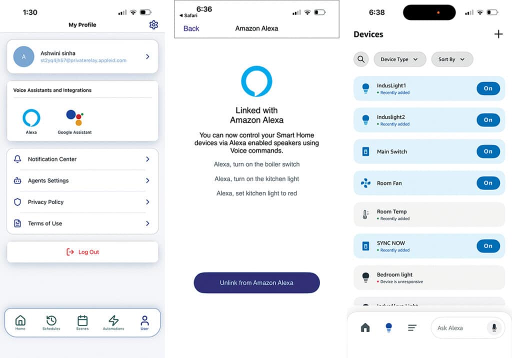Linking the device to Alexa and the Alexa app, showing the linked devices