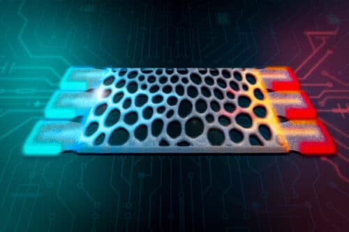 This artistic rendering shows a thermal analog computing device, which performs computations using excess heat, embedded in a microelectronic system.
Credits:Image: Jose-Luis Olivares, MIT