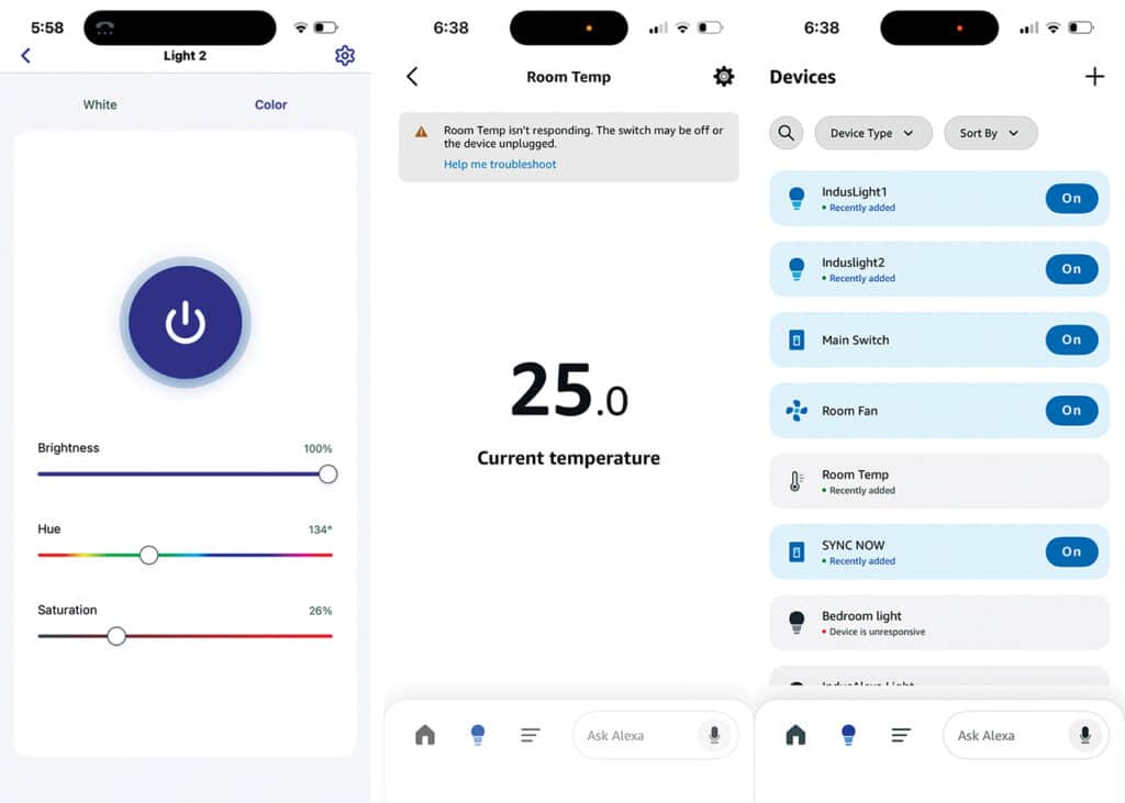 RainMaker Home app (L) interface for colour and brightness control, and Alexa app (M) showing current room temperature and devices such as lights, fan, switch, and sensors (R) 