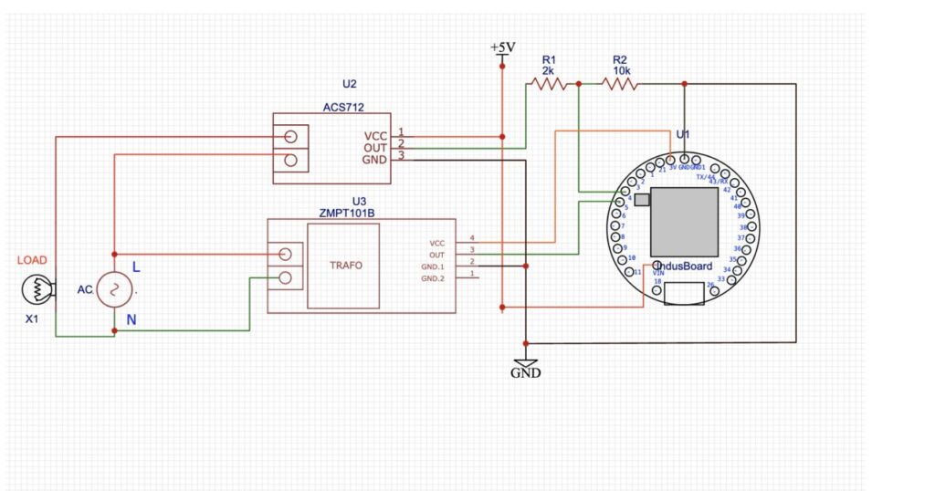 Circuit diagram of smart energy meter using IndusBoard Coin