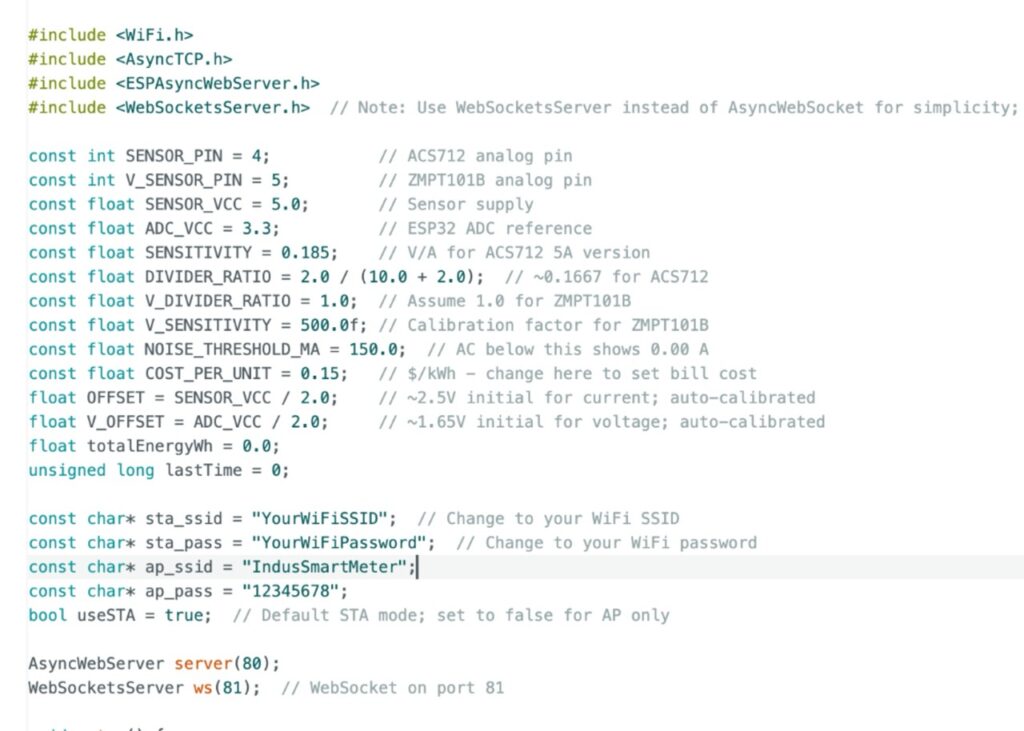 Code snippet configuration of SSID password pins and calibration factors