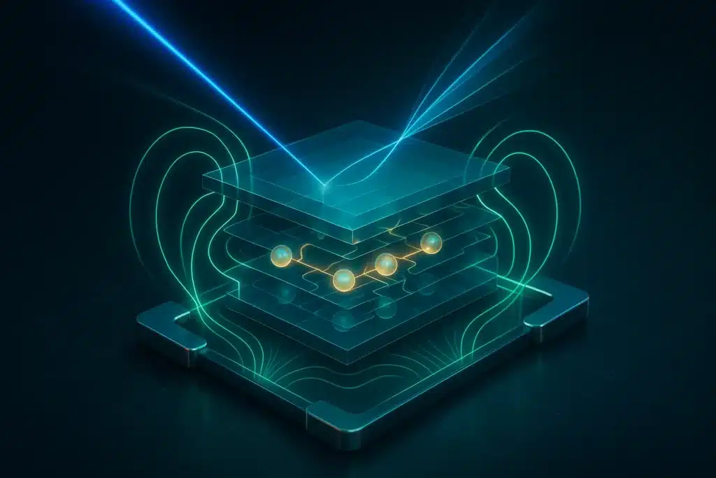 Artistic impression of a 2D crystal inside a chip, where light (in blue) couples to the electric field of the crystal (in green).