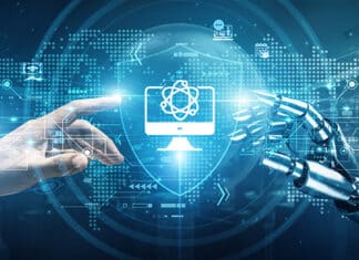 Hands of robot and human touch Educational Technology enhance learning improve accessibility optimize teaching methods strengthen collaboration boost engagement automate processes Promote creativity.