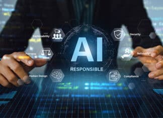Responsible AI concept with ethical principles transparency and social impact in technology