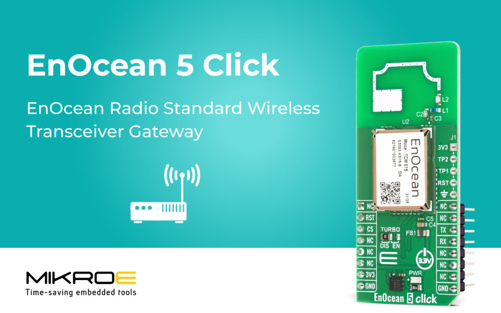 EnOcean 5 Click provides fast, bidirectional wireless connectivity communication for EnOcean-based sensors, switches, and actuators