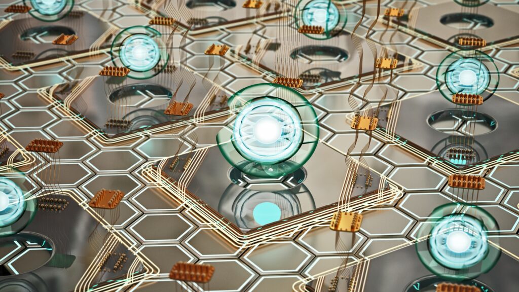 Conceptual view of chip-based quantum systems arranged in precise patterns.