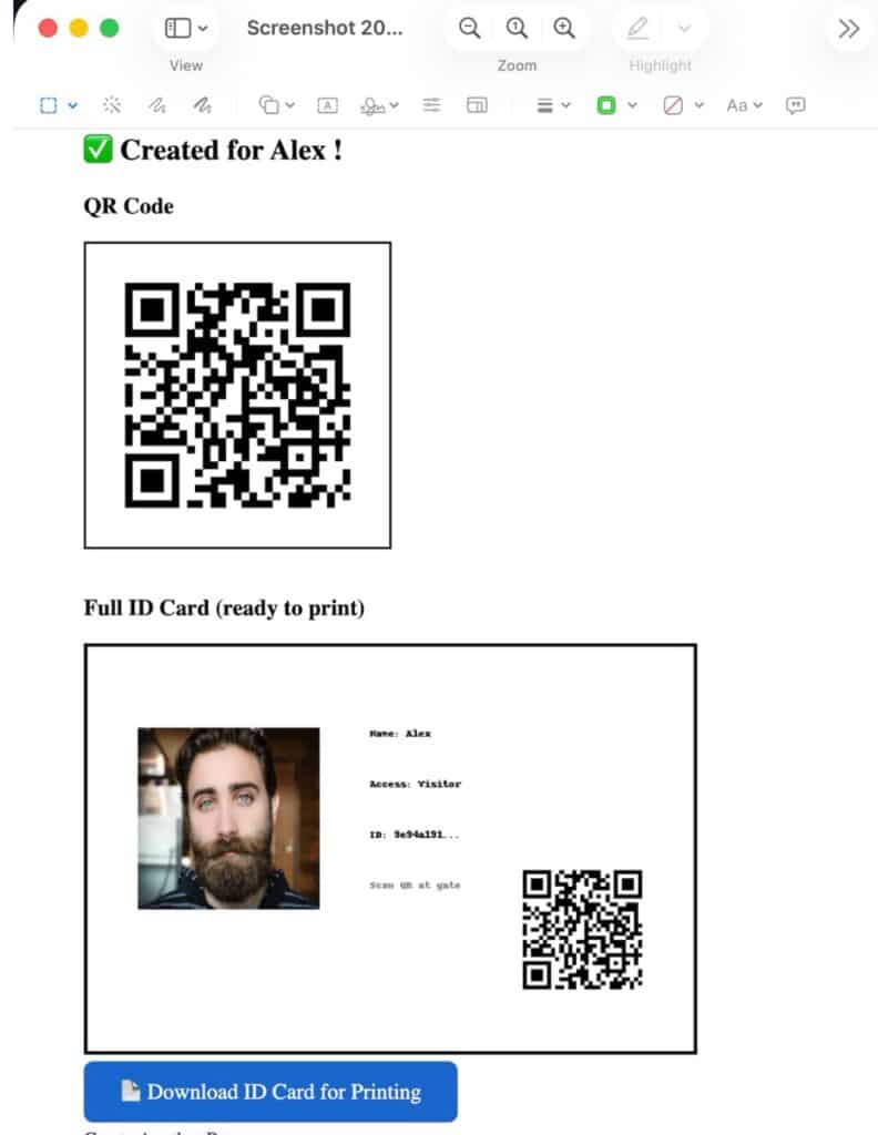 Device auto generated the Id card and QR code along with database entry
