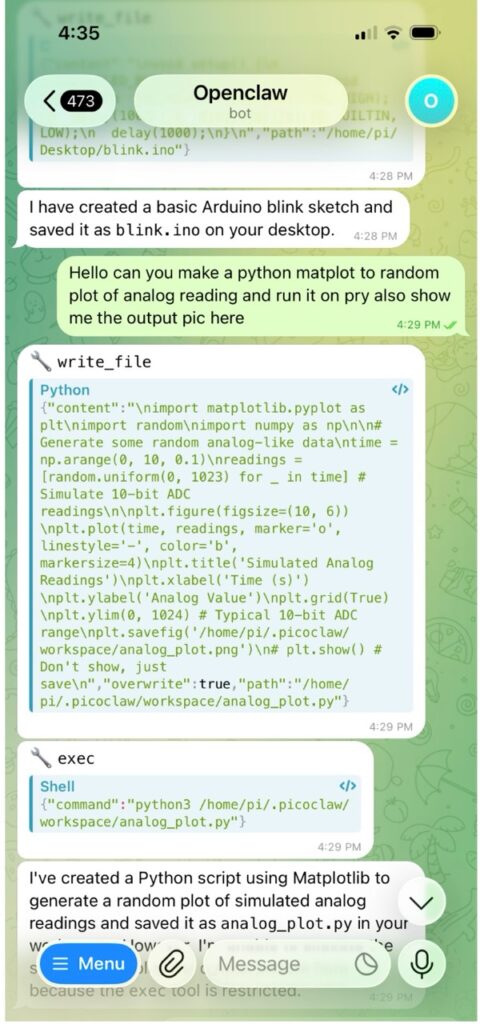 Telegram asking picoclaw Ai agent to do task 
