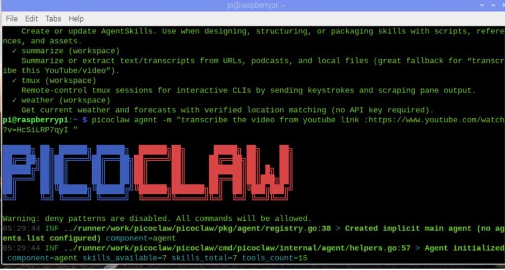 Asking picoclaw to transcribe the vidoe file and save its transcription 
