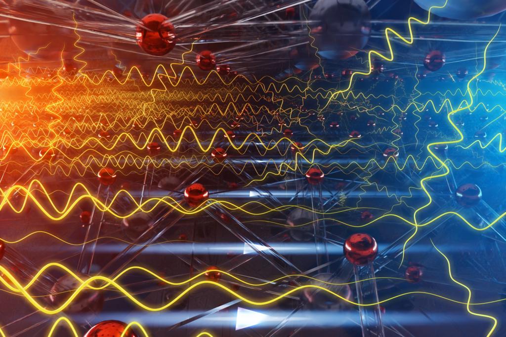 Yellow waves show propagating atomic vibrations observed at ORNL’s Spallation Neutron Source. In a smart, switchable ceramic, an electric field aligns charges so vibrations along white field lines travel farther with fewer disruptions — boosting heat flow nearly threefold. Credit: Phoenix Pleasant/ORNL, U.S. Dept. of Energy
