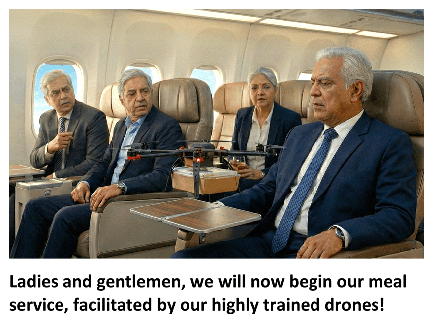 Ladies and gentlemen, we will now begin our mealservice, facilitated by our highly trained drones!