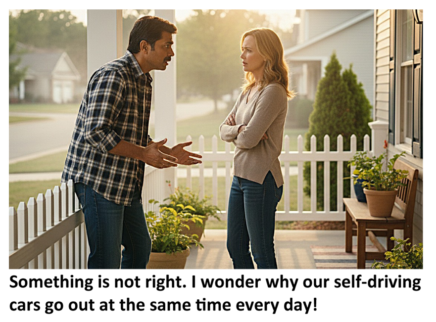 Something is not right. I wonder why our self-drivingcars go out at the same time every day!