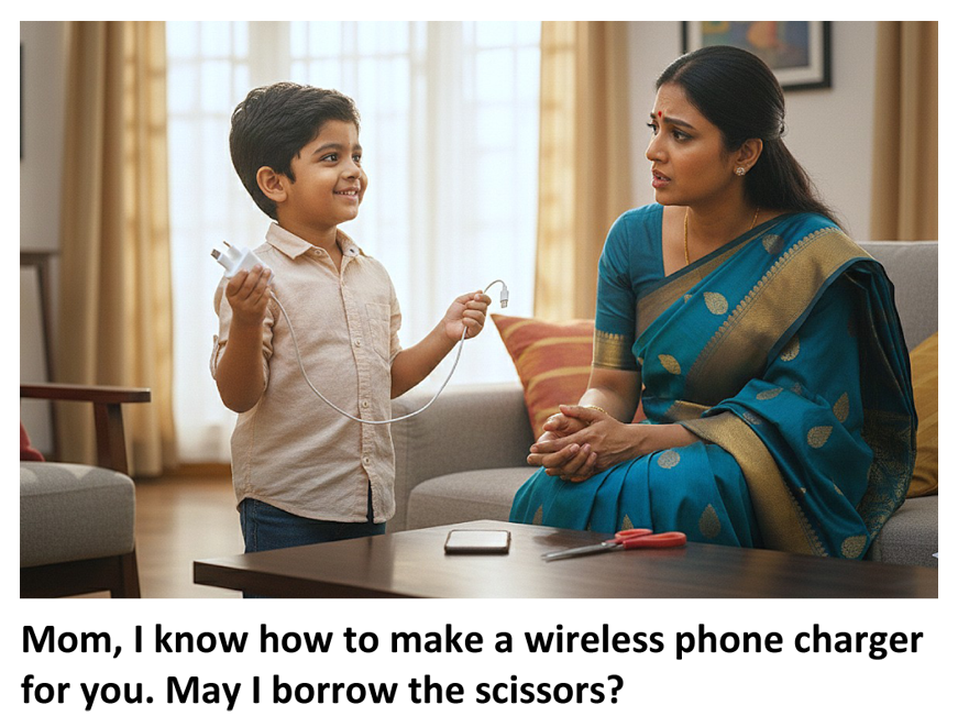 Mom, I know how to make a wireless phone chargerfor you. May I borrow the scissors?