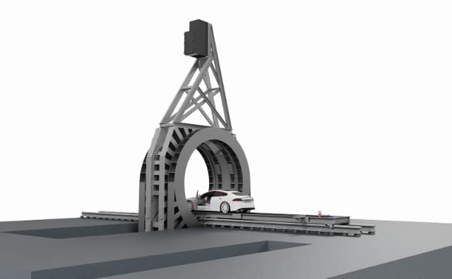 Gantry design based on medical CT scanners: The radiation source and detector rotate vertically around the test object in a gantry configuration. This enables the examination of large objects in their natural horizontal orientation without having to set them up on one side first.
