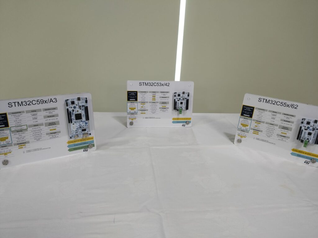STM32C series evaluation boards showcased at launch, including STM32C59x/A3, STM32C53x/42, and STM32C55x/62, highlighting the expanded entry level MCU portfolio.