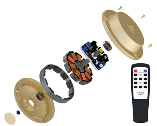 Expanded view of motor with various parts and remote