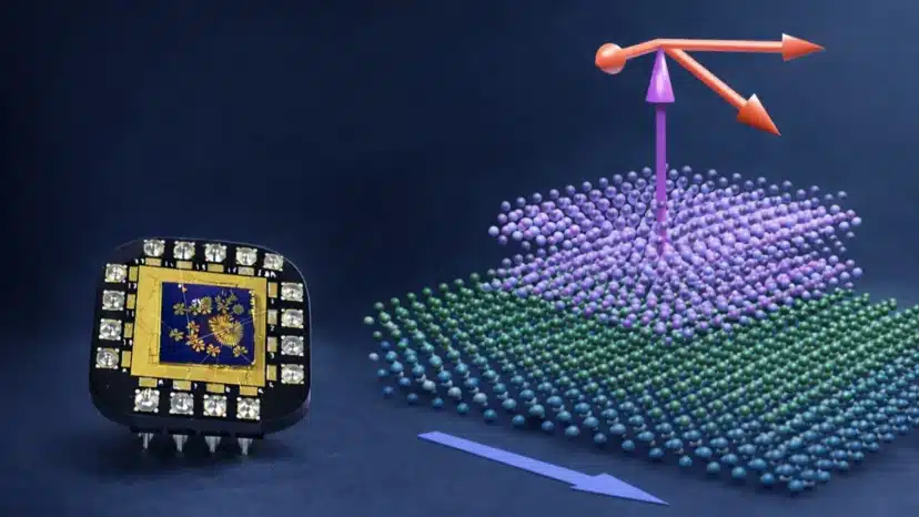 Illustration of the device concept. A memory chip based on stacked quantum materials. By placing a magnetic layer on top of a topological material, the researchers were able to switch magnetization using very small electrical currents and without applying an external magnetic field. Illustration: Lalit Pandey