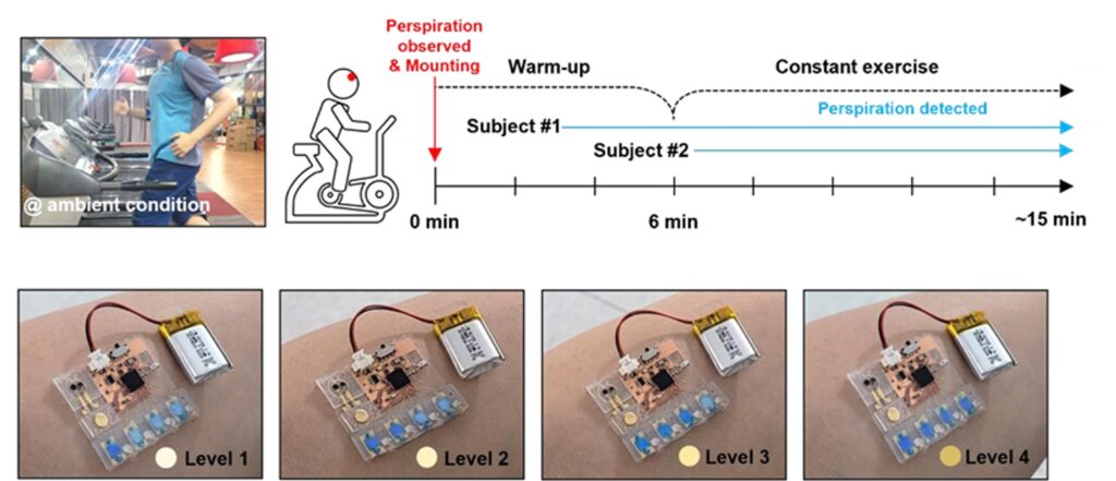 Activation of the blue display of the attached device after an increase in exercise intensity and lactate levels.
The blue color on the display darkens as the intensity moves from Level 1 to Level 4.