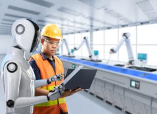 Automation industry concept with engineer control robot assembly line in factory