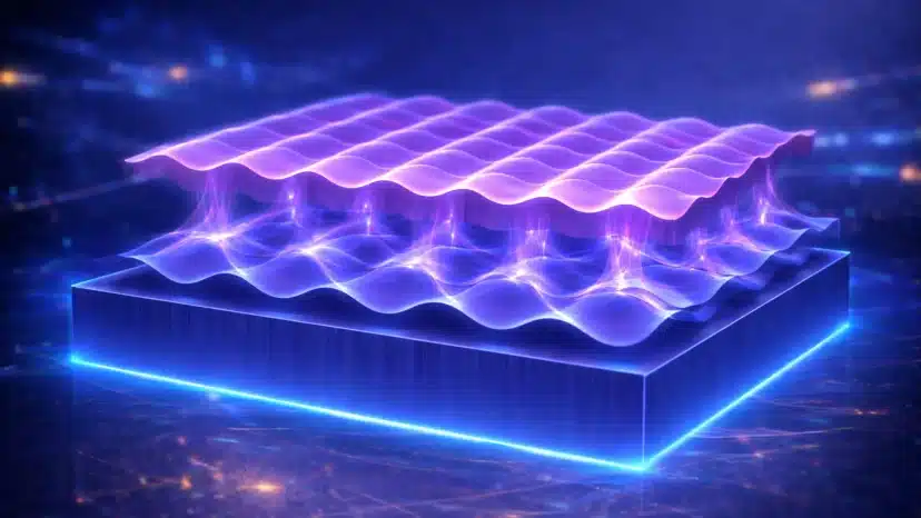 The conceptual image shows how the researchers’ sculpted pattern of tiny hills and valleys – smaller than one millionth of a hair’s thickness – on the substrate (MgO, at the bottom) guides how the atoms in the superconducting material (YBCO, on top) settle. At the interface between the two layers, an electronic landscape allows superconductivity to occur at higher temperatures than previously possible – even when high magnetic fields were are applied. Credit: Chalmers University of Technology / Riccardo Arpaia