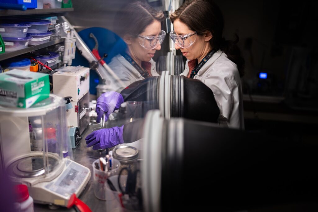 Sandia National Laboratories electrochemist Aliya Lapp prepares a sample of upcycled lithium battery cathode for testing. (Photo by Craig Fritz) Click on the thumbnail for a high-resolution image.