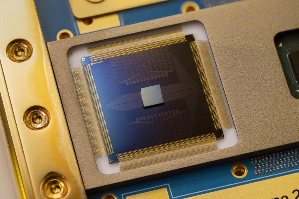 Majorana 2, a next-generation quantum chip built with the help of Microsoft Discovery’s agentic AI. Photo by John Brecher for Microsoft.