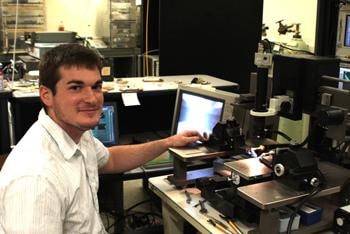 Nate Orloff as a graduate student measuring Ruddlesden-Popper materials circa 2009, work that led to the first evidence that the material family could be electrically tuned. 