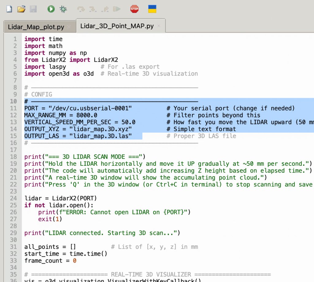 Lidar scanning code configures the path to save the MAP file and the serial port name for the lidar.