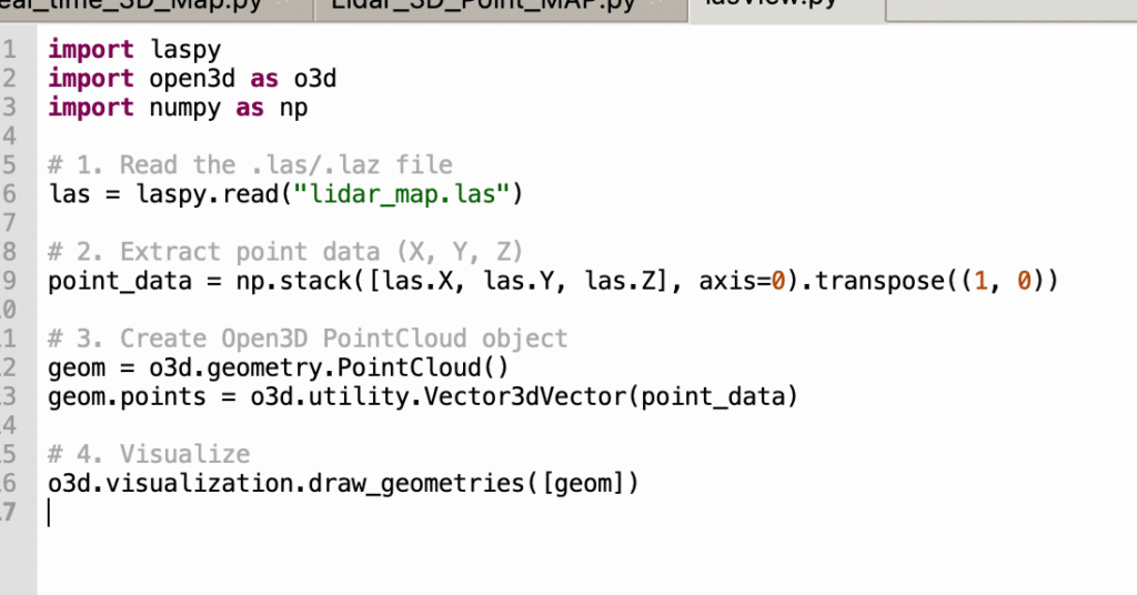 Code for configuring the file name and path in the lidar map viewer to open, process, and view the .las map file