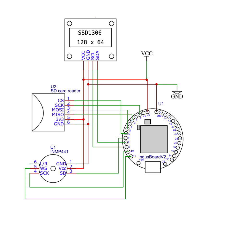 Connection of IndusBoard Coin, INMP441 I2S MEMS microphone, OLED display, and microSD card reader