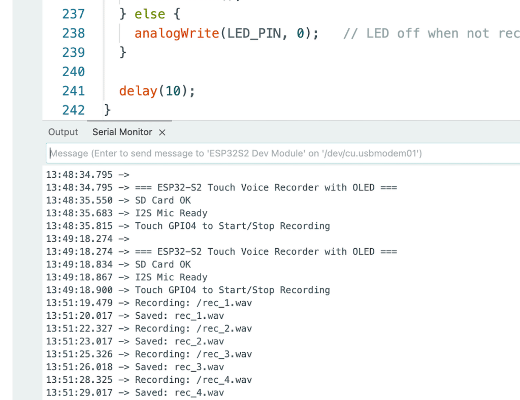 Serial monitor showing the recording process and voice recorded files showing in laptop