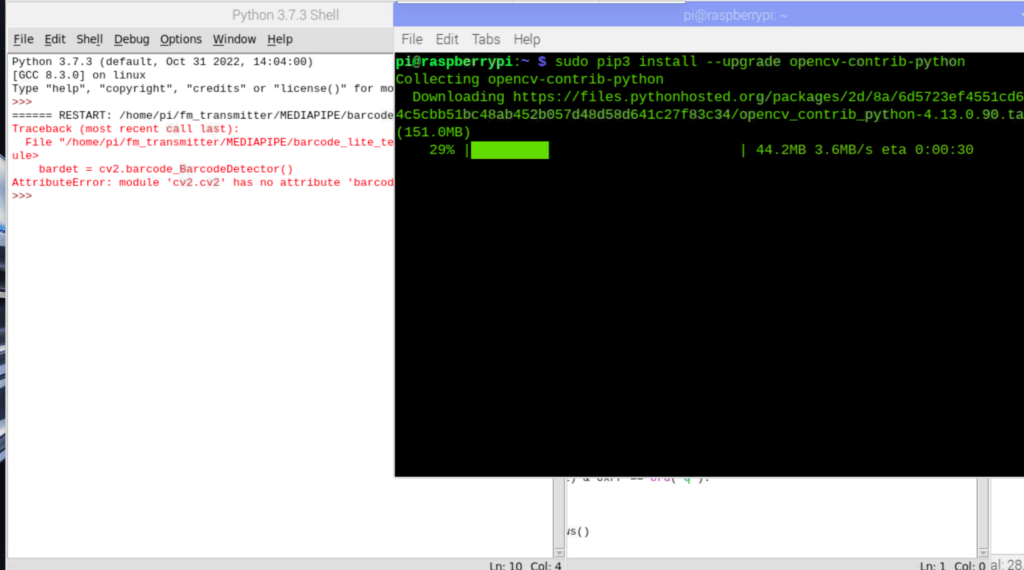 Raspberry Pi Linux terminal installing OpenCV