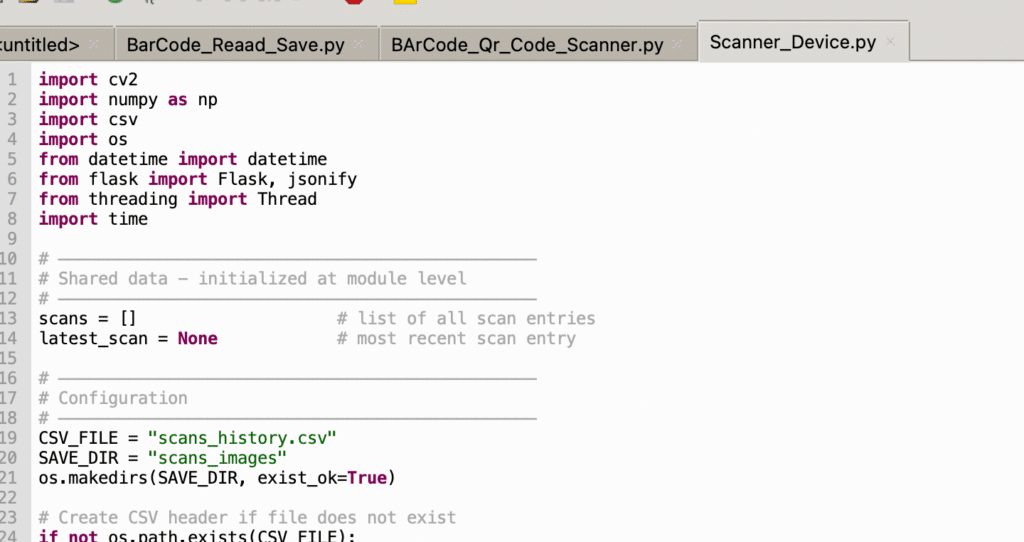 Python code for saving the scanned images on the device and the database CSV path