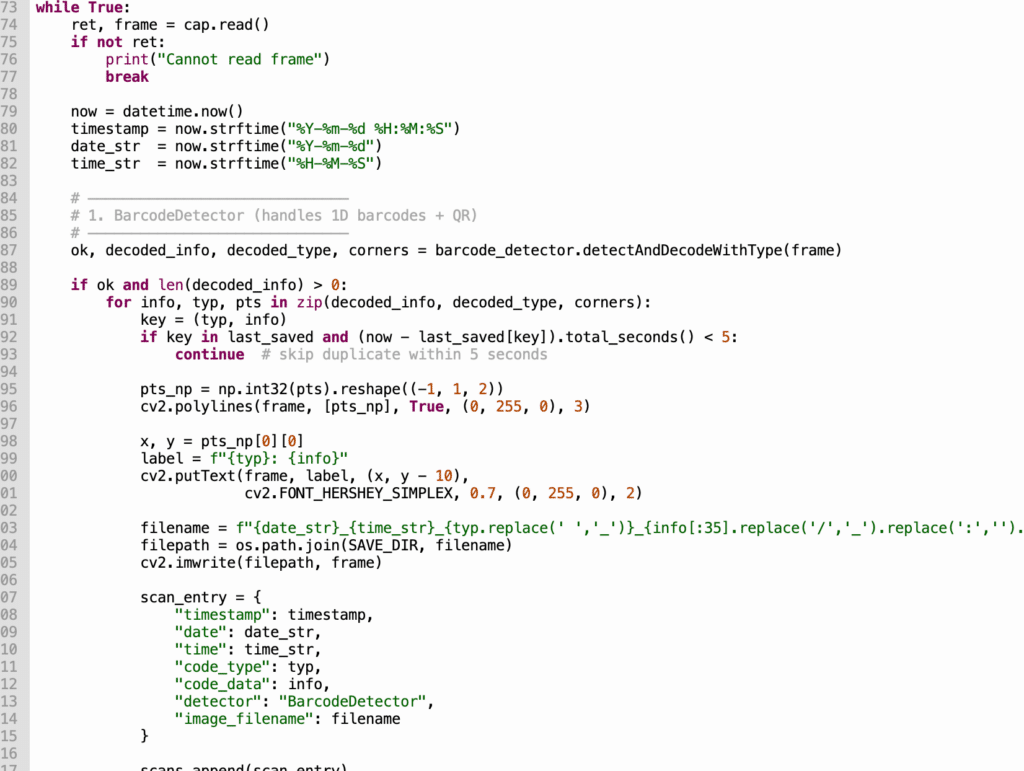 Code snippet importing the python module and OpenCV QR code and barcode detection