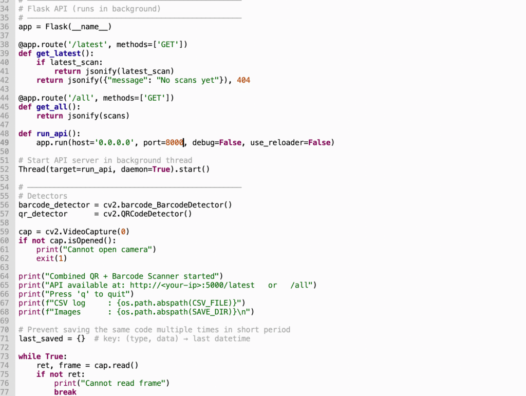 Code snippet for saving the file and database of scanned QR code and barcode