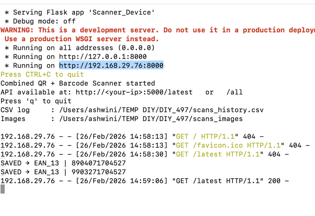 The API is launched on the server that detect and scan bar codes and QR codes
