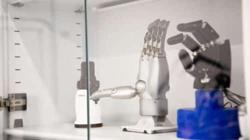 Robotic hands sit on display at the NYU Center for Robotics and Embodied Intelligence. Credit: NYU Tandon School of Engineering