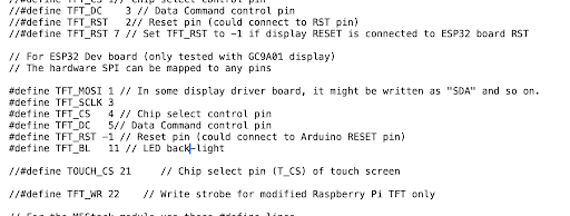 Configuration of user_setup.h file for display driver type and pins
