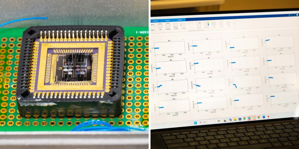 The electronic nose contains 16 different gas-sensitive materials (small circles in the center) that each react to the gas molecules presented to it (left). The device records the reactions of each material and, using a machine learning model, learns which set of reactions are associated with a specific food or scent (right).