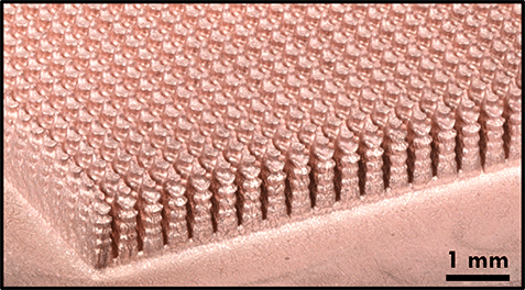 Photo of the fabricated topology optimization (TO) fin array on a copper base. (Credit: University of Illinois)
