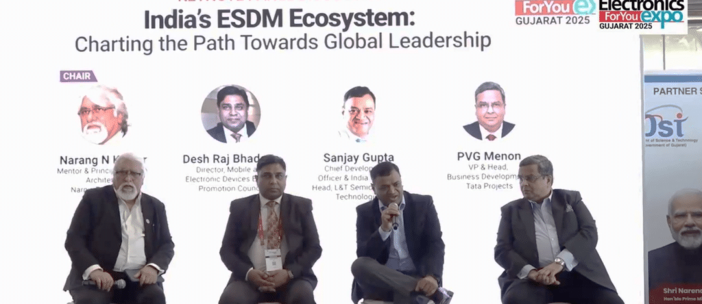 From left to right: Narang N. Kishor, from Narnix Technolabs, Desh Raj Bhadana of the Mobile and Electronic Devices Exports Promotion Council (MEDEPC), Sanjay Gupta of L&T Semiconductor Technologies, and PVG Menon of Tata Projects.