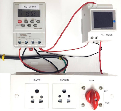 Panel with Timer Switch, Watt Meter, Heater Sockets and Rotary Switch box