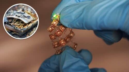 Stretchable moisture-activated battery with self-destruction.