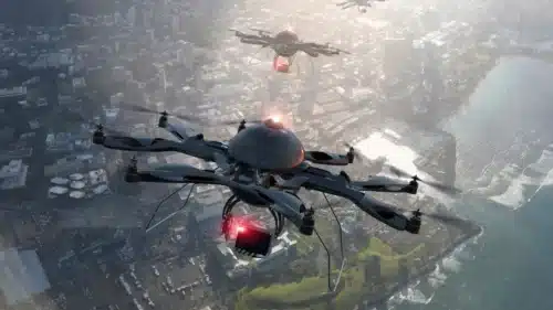 Drones flying over Honolulu cityscape (illustration)