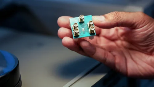 The low-power microchip that researchers call a microwave brain.