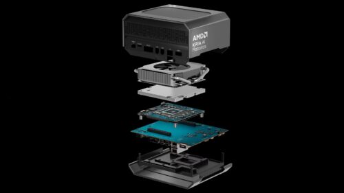 An exploded view shows the AMD Kria AI Robotics Developer Platform, the first open, turnkey integrated platform for agentic robotics. It was introduced at Advancing AI 2026 as part of AMD Kria AI solutions. (Credit: AMD)