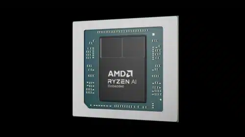 A close-up rendering shows an AMD Ryzen AI Embedded X100 Series processor. The processor family optimized for physical AI applications was announced at Advancing AI 2026. (Credit: AMD)