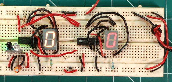 employee counter circuit components assembled on breadboard