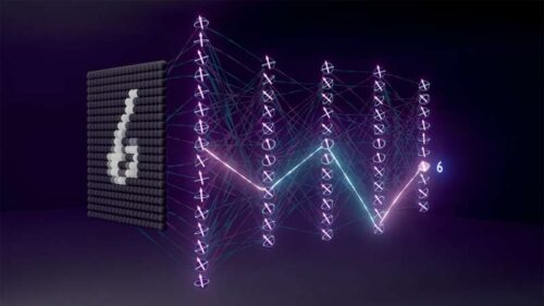 An artistic representation of a quantum neural network identifying a handwritten digit. Each ball containing an arrow represents a qubit that is serving as a neuron in the network. The neurons are organized in layers, and connections between neurons in adjacent layers control how the information is processed as it moves through the network. The final layer identifies the most likely digit.