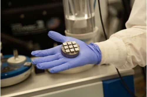 In a self-driving lab, AI-designed samples of nickel-cobalt-chromium alloys like these are designed, fabricated and tested at high temperatures. Information gained from those tests is fed back into the model to inform the next iteration of the process. (photo by Tyler Irving / University of Toronto Engineering).